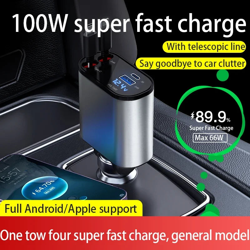 Retractable Car Charger, 4 in 1 Fast Car Phone Charger 100W, 2 Retractable Cables and USB Car Charger,Compatible with Iphone