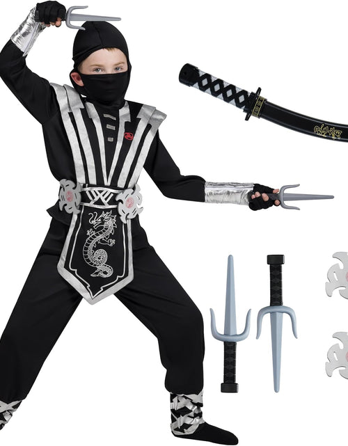 Load image into Gallery viewer, Silver Ninja Deluxe Costume Set with Ninja Foam Accessories Toys for Kids Kung Fu Outfit Halloween Ideas
