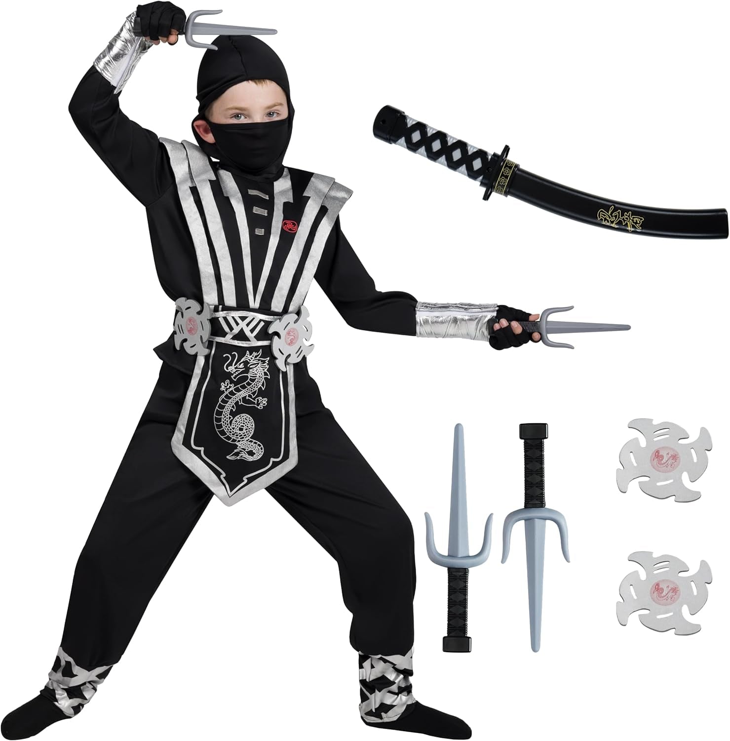 Silver Ninja Deluxe Costume Set with Ninja Foam Accessories Toys for Kids Kung Fu Outfit Halloween Ideas