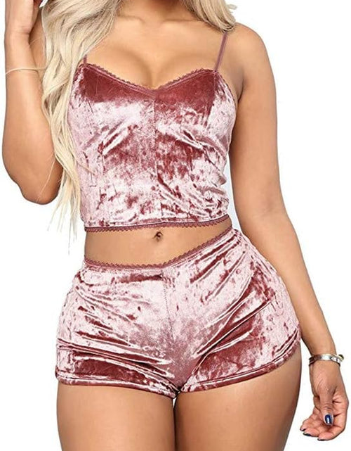 Load image into Gallery viewer, Women&#39;S Velvet 2 Piece Outfit Spaghetti Strap Sleeveless Crop Top Camisole and Shorts Pajamas Set Sleepwear Nightwear
