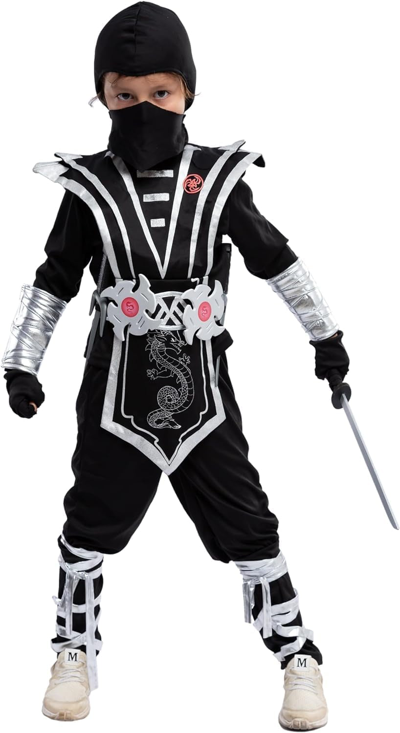 Silver Ninja Deluxe Costume Set with Ninja Foam Accessories Toys for Kids Kung Fu Outfit Halloween Ideas