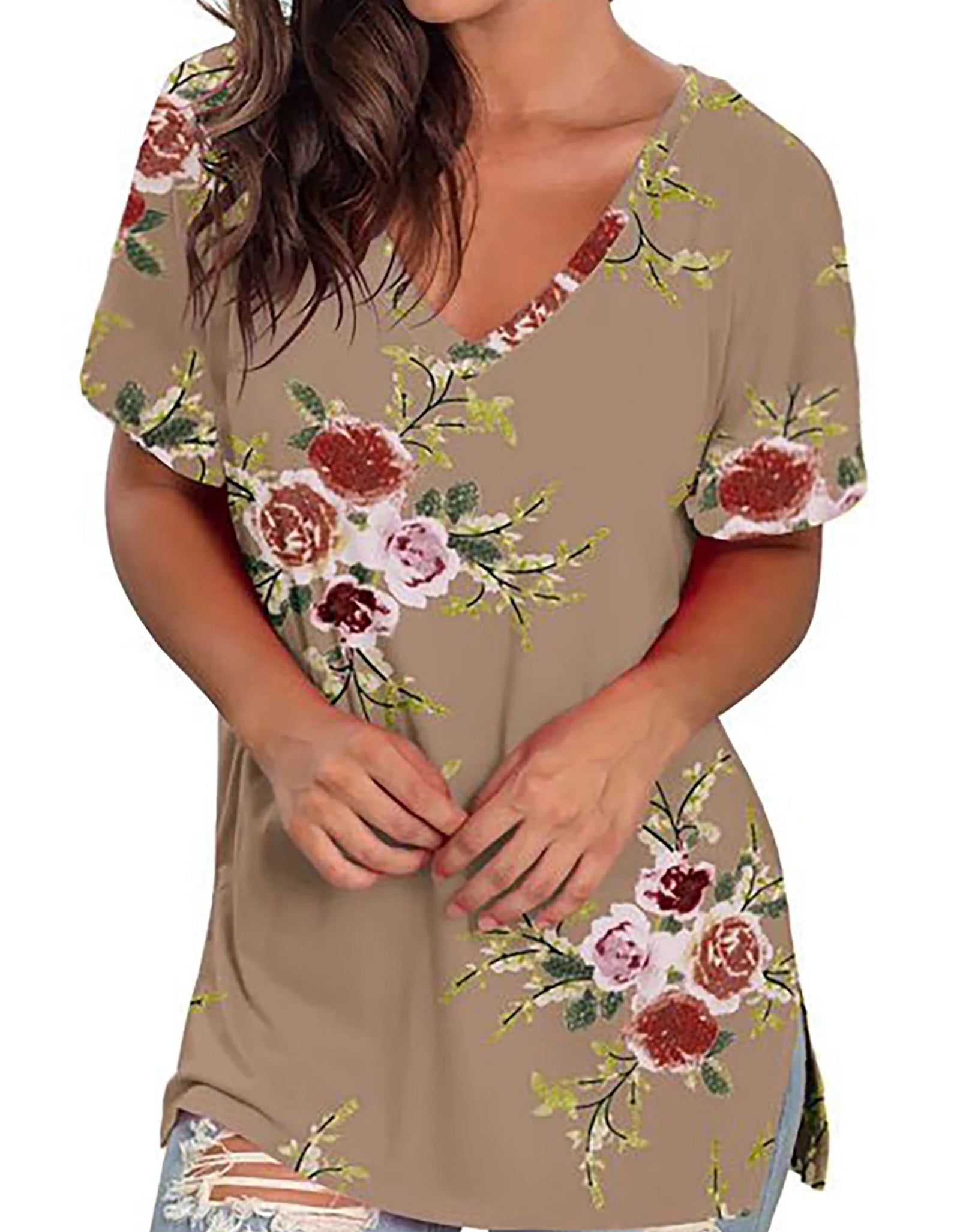 V Neck T Shirts for Women Floral Summer Tops Short Sleeve Shirts Casual Tunic Tops