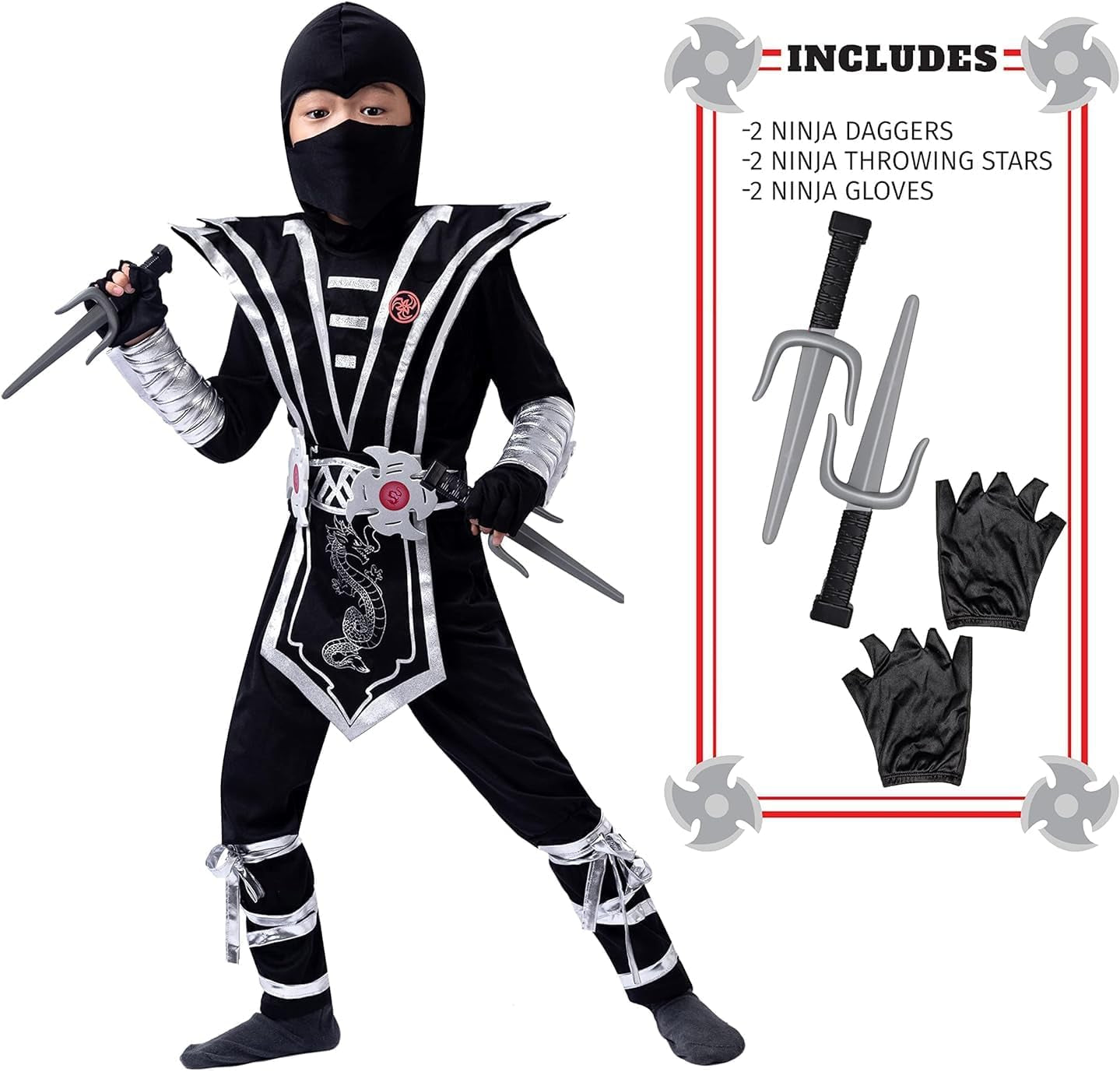 Silver Ninja Deluxe Costume Set with Ninja Foam Accessories Toys for Kids Kung Fu Outfit Halloween Ideas