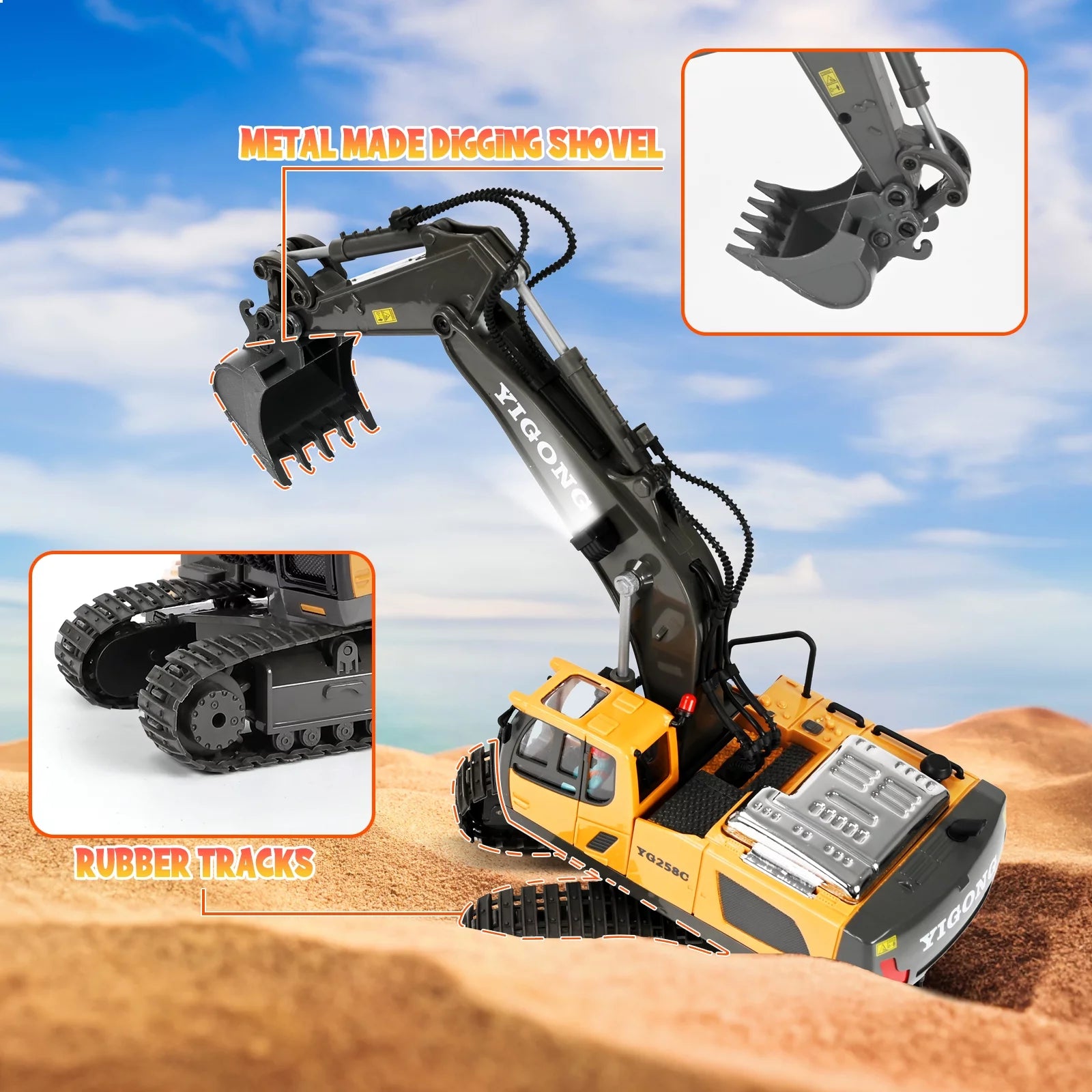 Remote Control Excavator,Rc Excavator Toys,11 Channel Rechargeable Construction Vehicle Toys with Lights Sounds,Gifts for Kids 6-12 Years Old