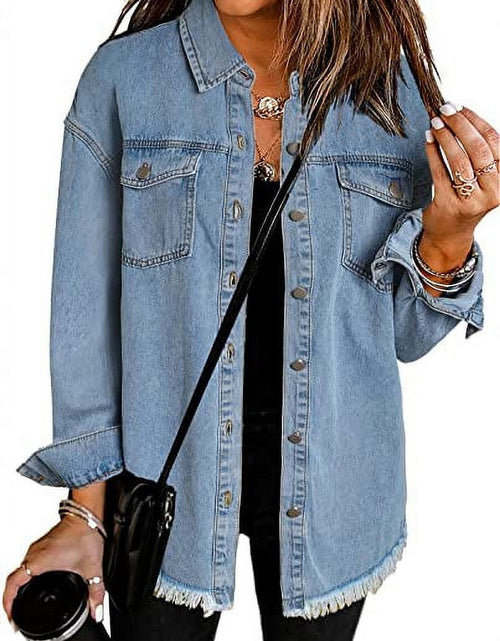 Load image into Gallery viewer, Denim Jacket for Women Long Sleeve Boyfriend Jean Jacket Loose Coat Sky Blue S Female
