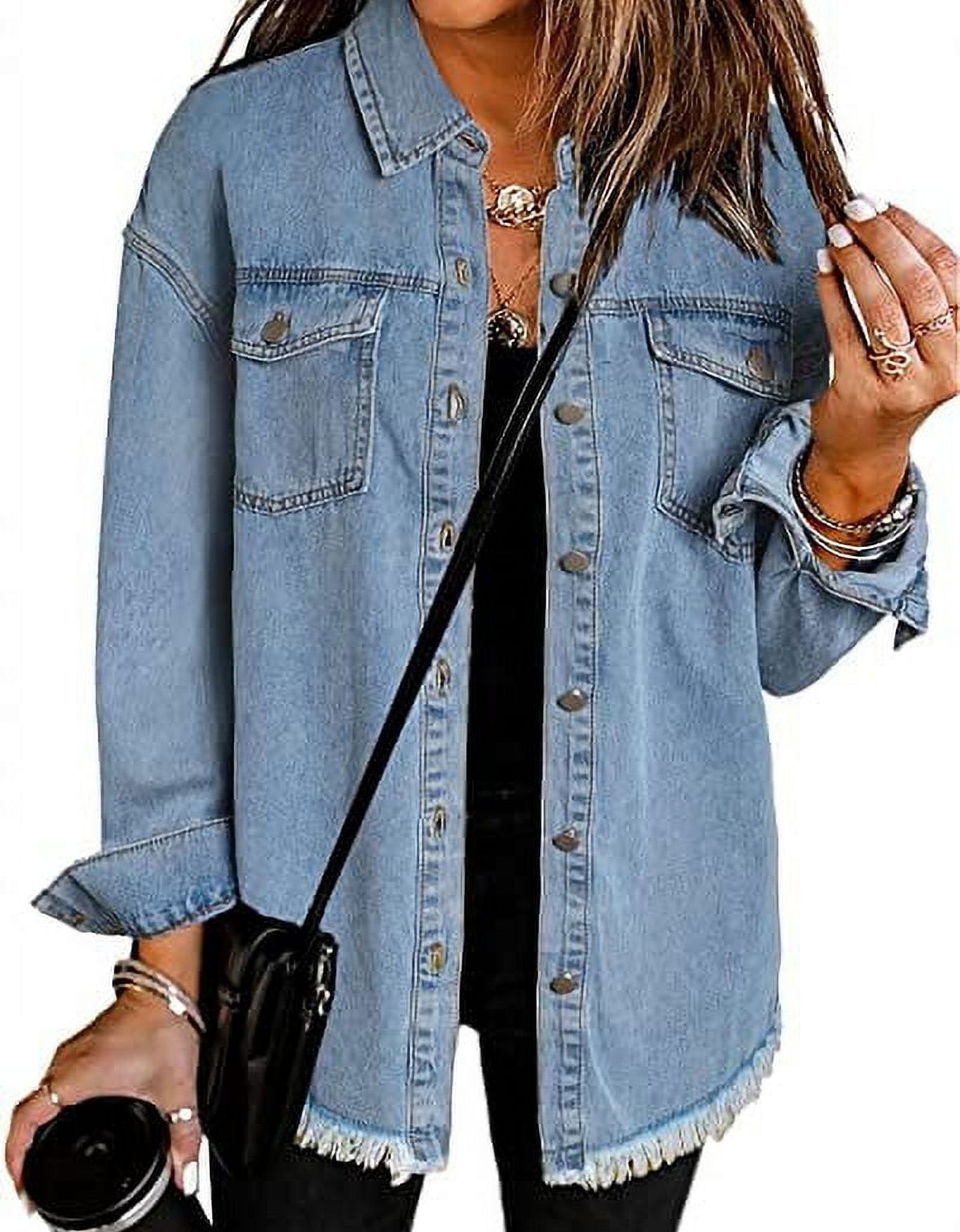 Denim Jacket for Women Long Sleeve Boyfriend Jean Jacket Loose Coat Sky Blue S Female