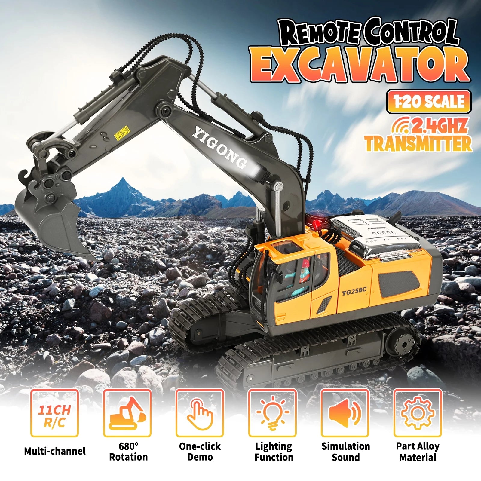 Remote Control Excavator,Rc Excavator Toys,11 Channel Rechargeable Construction Vehicle Toys with Lights Sounds,Gifts for Kids 6-12 Years Old