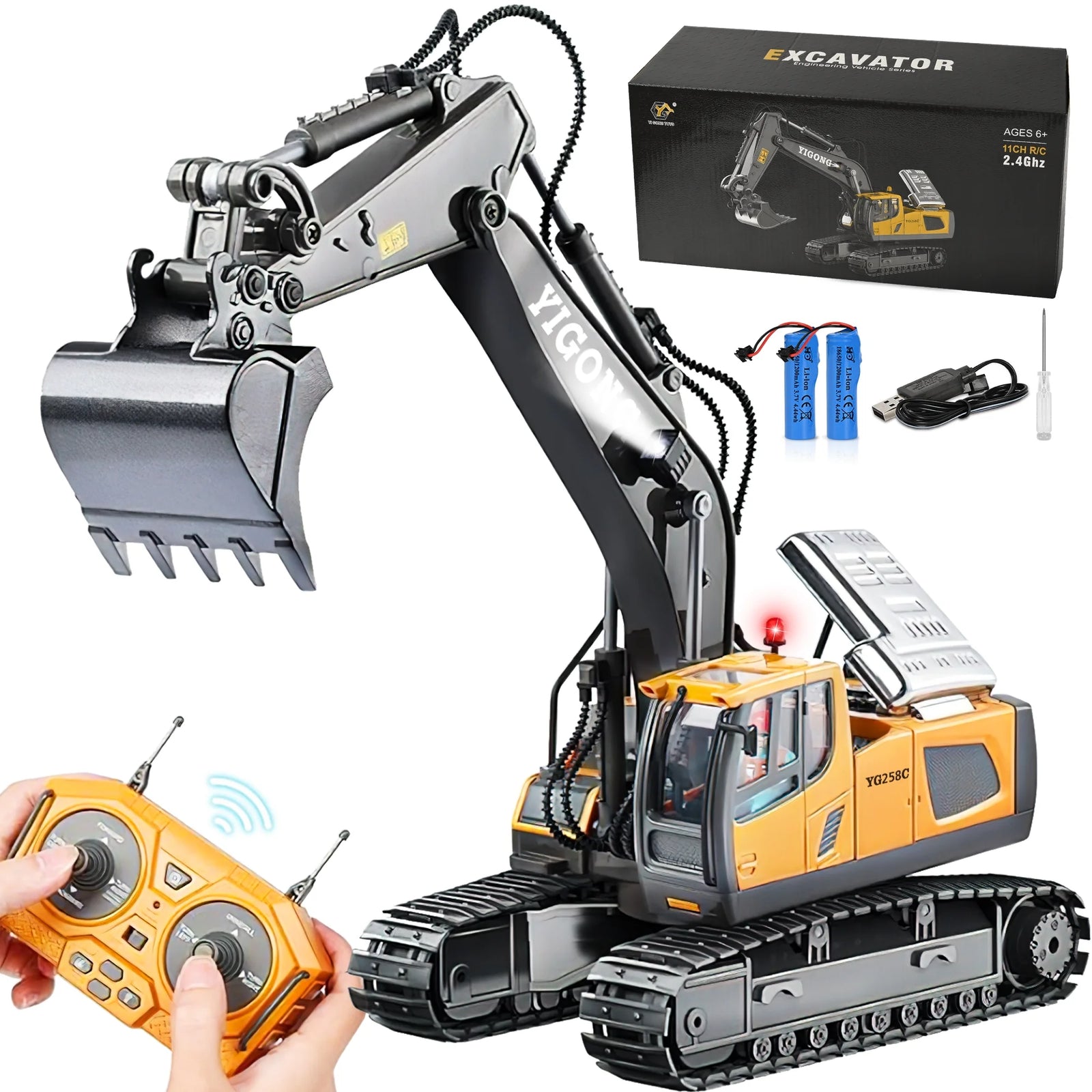 Remote Control Excavator,Rc Excavator Toys,11 Channel Rechargeable Construction Vehicle Toys with Lights Sounds,Gifts for Kids 6-12 Years Old