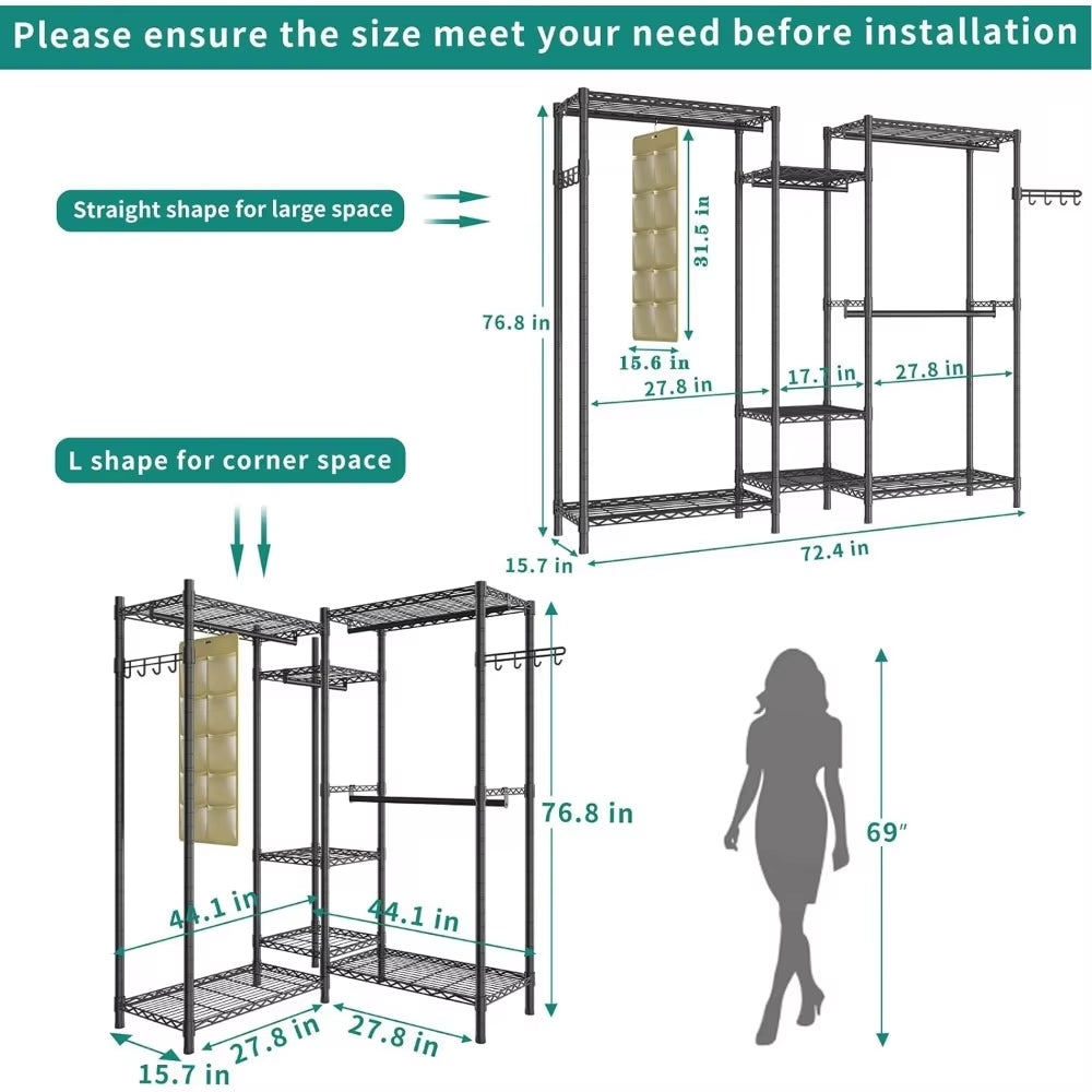 Heavy Duty Garment Rack, Portable Wardrobe Clothes Rack Freestanding Adjustable Clothing Rack with 7 Tiers